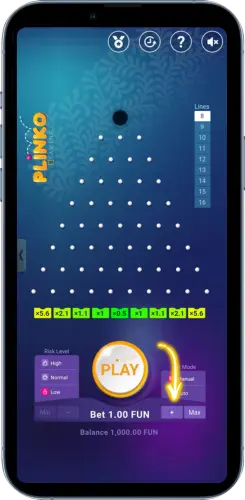 Plinko game bet amount selection on mobile screen