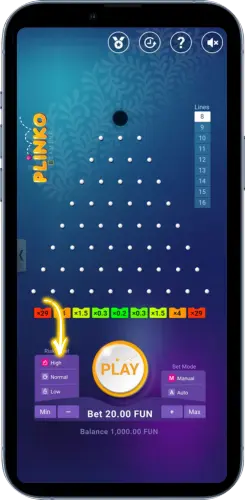 Plinko risk level settings with multiplier layout