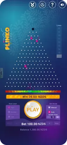 Plinko win example with 20 NZD in Plinko real money casino game for Plinko NZ New Zealand
